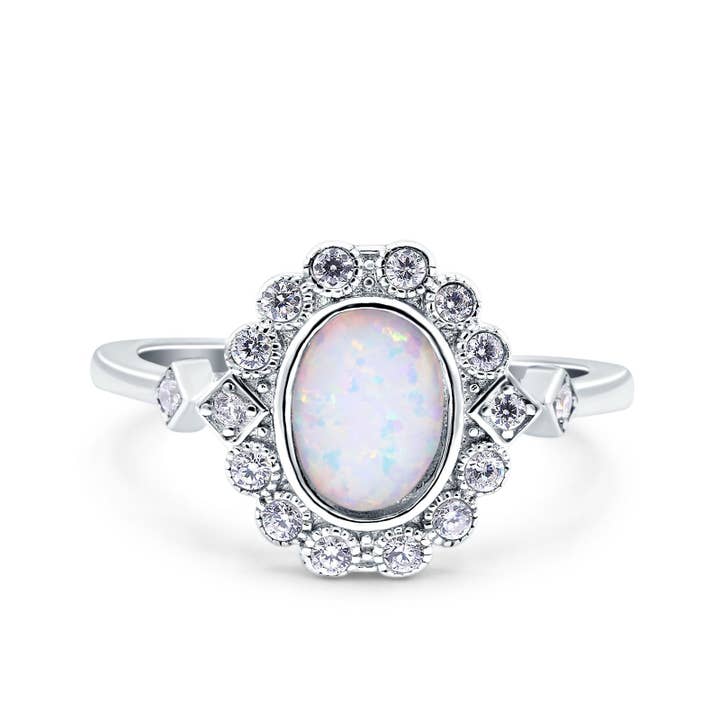 Halo Art Deco Wedding Ring Lab Created White Opal Oval Simulated CZ for wholesale by Blue Apple Imports