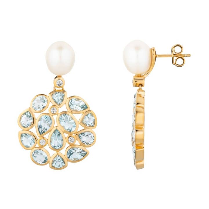 Blue Topaz and Pearl Statement Gold Stud Drop Earrings for wholesale by Lulu B London