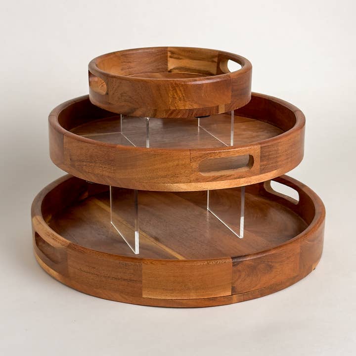 Set di 3 vassoi rotondi in legno di acacia per la vendita all'ingrosso da parte di India Handicrafts Inc