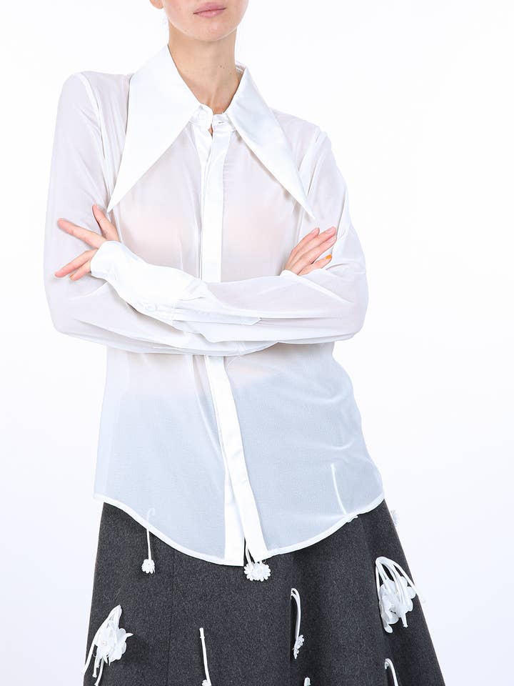 Satin Long Collar Detail Semi Sheer Blouse PC2351 for wholesale by Beulah Style