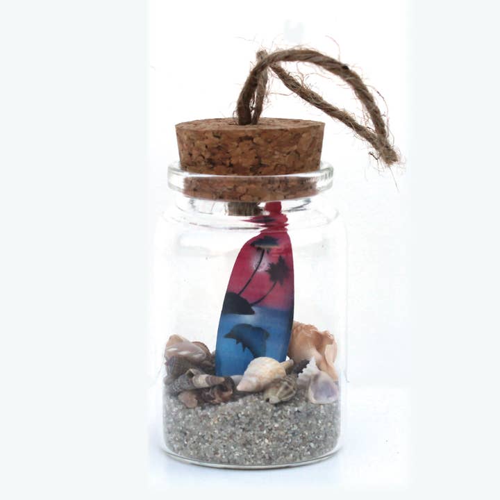 Beach Bottle Ornament - Color Surfboard with Natural Sand for wholesale by California Seashell Company