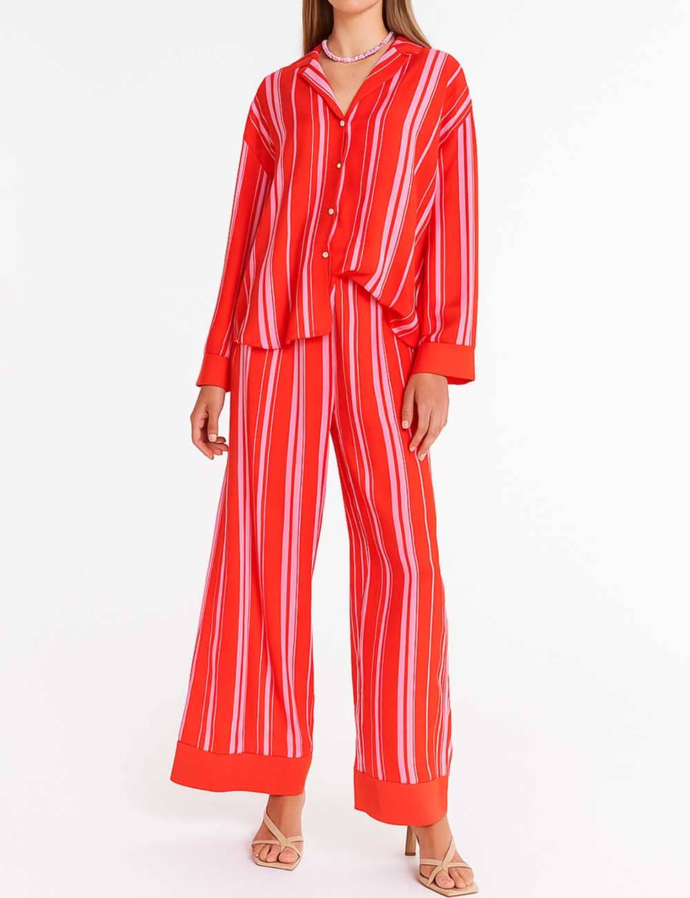Red Ladies Striped Long Sleeves Top & Pants Lounge Set SKST5K26 for wholesale on Faire0