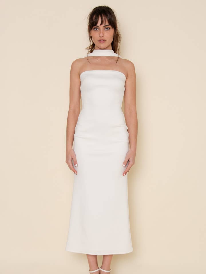 White ELEGANT BRIDAL HALTER NECK OPEN BACK MIDI DRESS-DD9945FO for wholesale on Faire