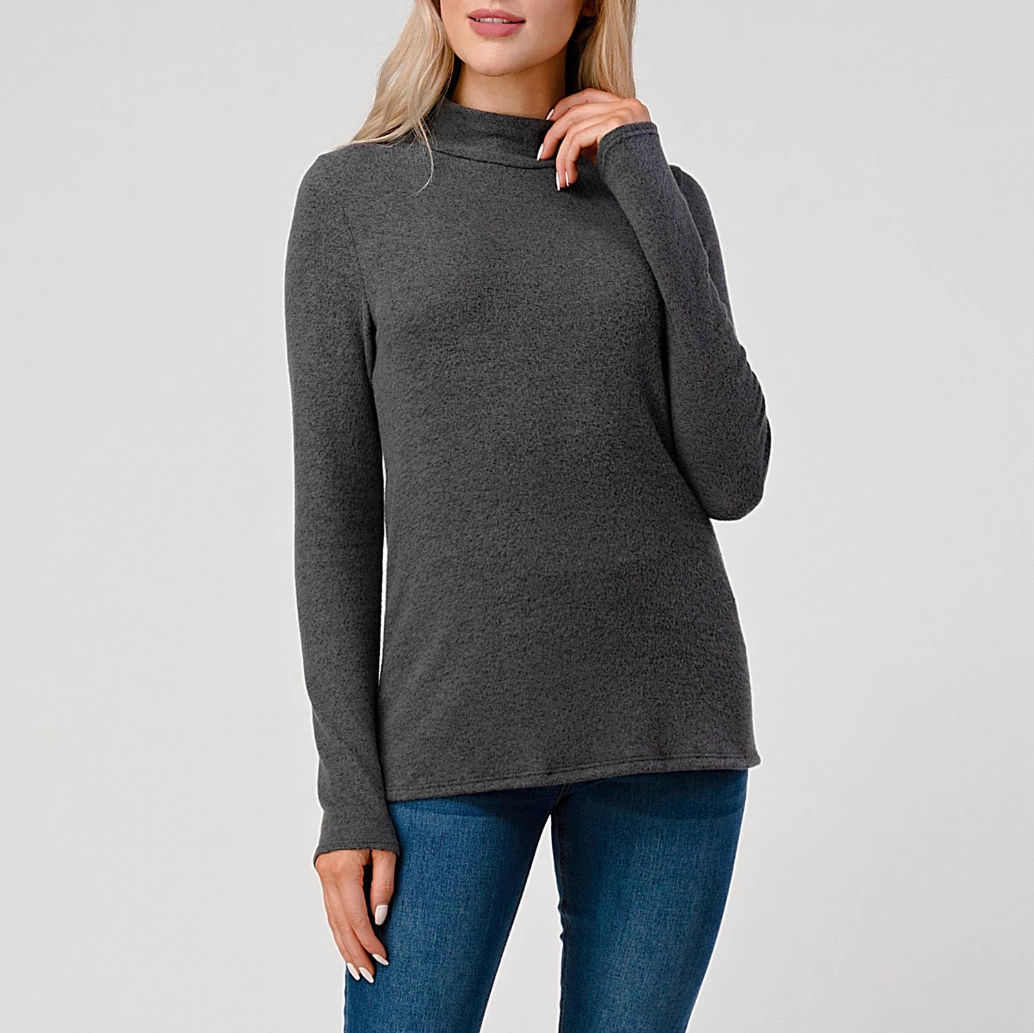 Heimious - Wholesale Knit Top - Women's - Mock Neck L-Sleeve Relaxed Fit Brushed Knit Top, T5483