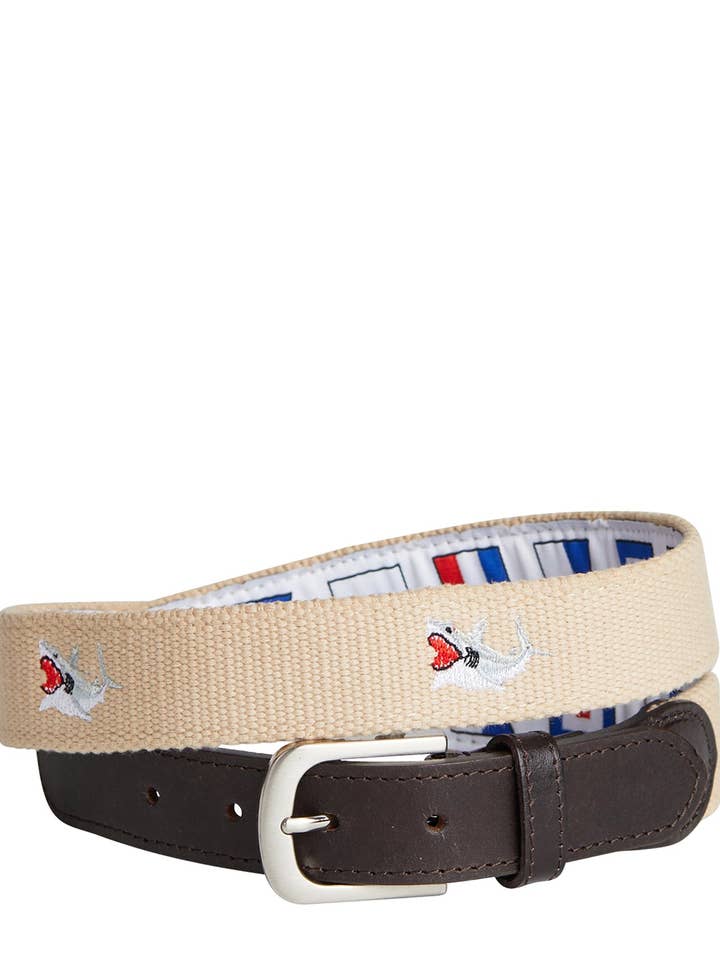 Bowsprit Belt Tan with Great White Shark for wholesale by Castaway Clothing Nantucket Island