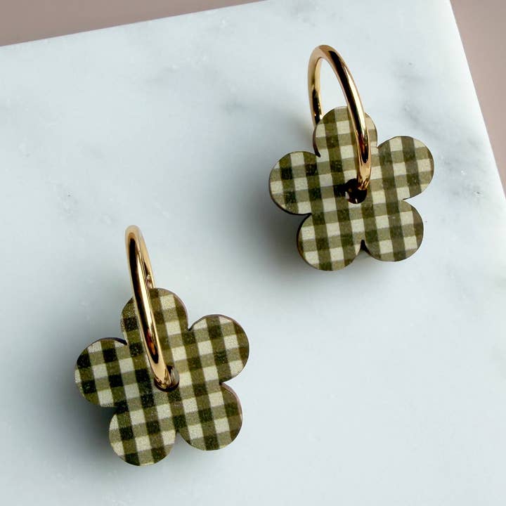 Gingham Daisy Flower Hoop Earrings for wholesale by MicaPeet