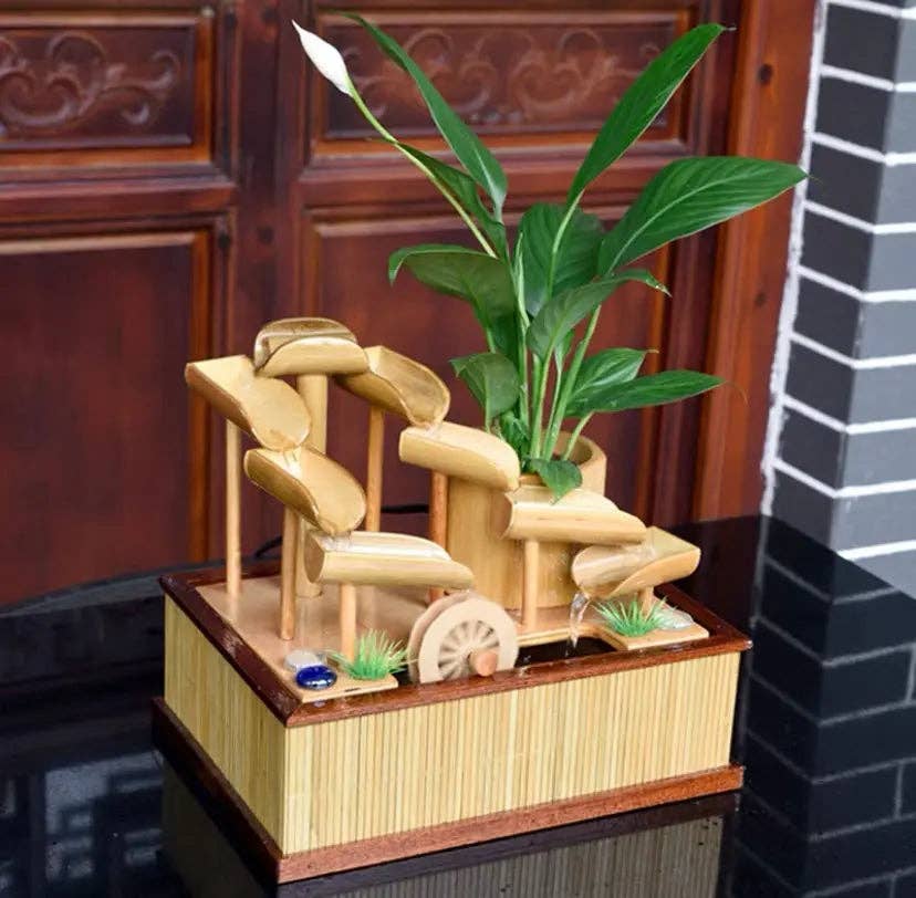everythingbamboo – wholesale Decorative tabletop object – Bamboo Handmade Handcrafted Water Feature Fountain With Basin Flowing Water Wheels Home Decor BWF041