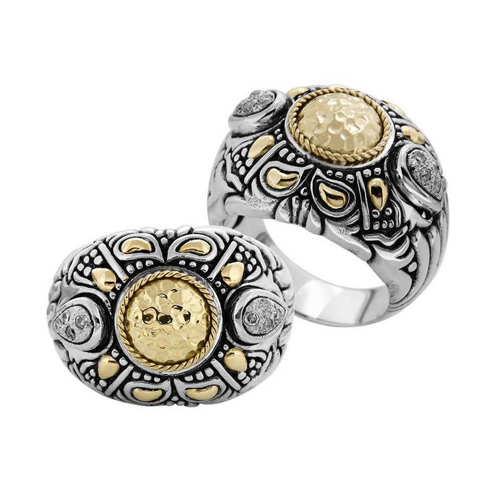 ARG-8048-GD Sterling Silver Ring With 18K Gold Hammered Center In Balinese Floral Mandala Carved Design For Wholesale Collection for wholesale by Bali Designs