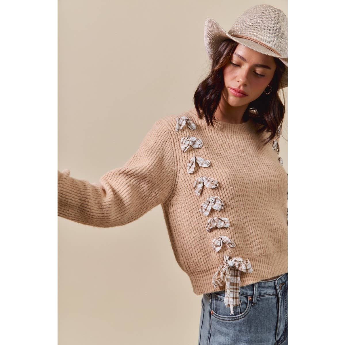 IVE - Wholesale Knit Sweater - Women's - Checkered Plaid Tape Lace Up Sweater Top11