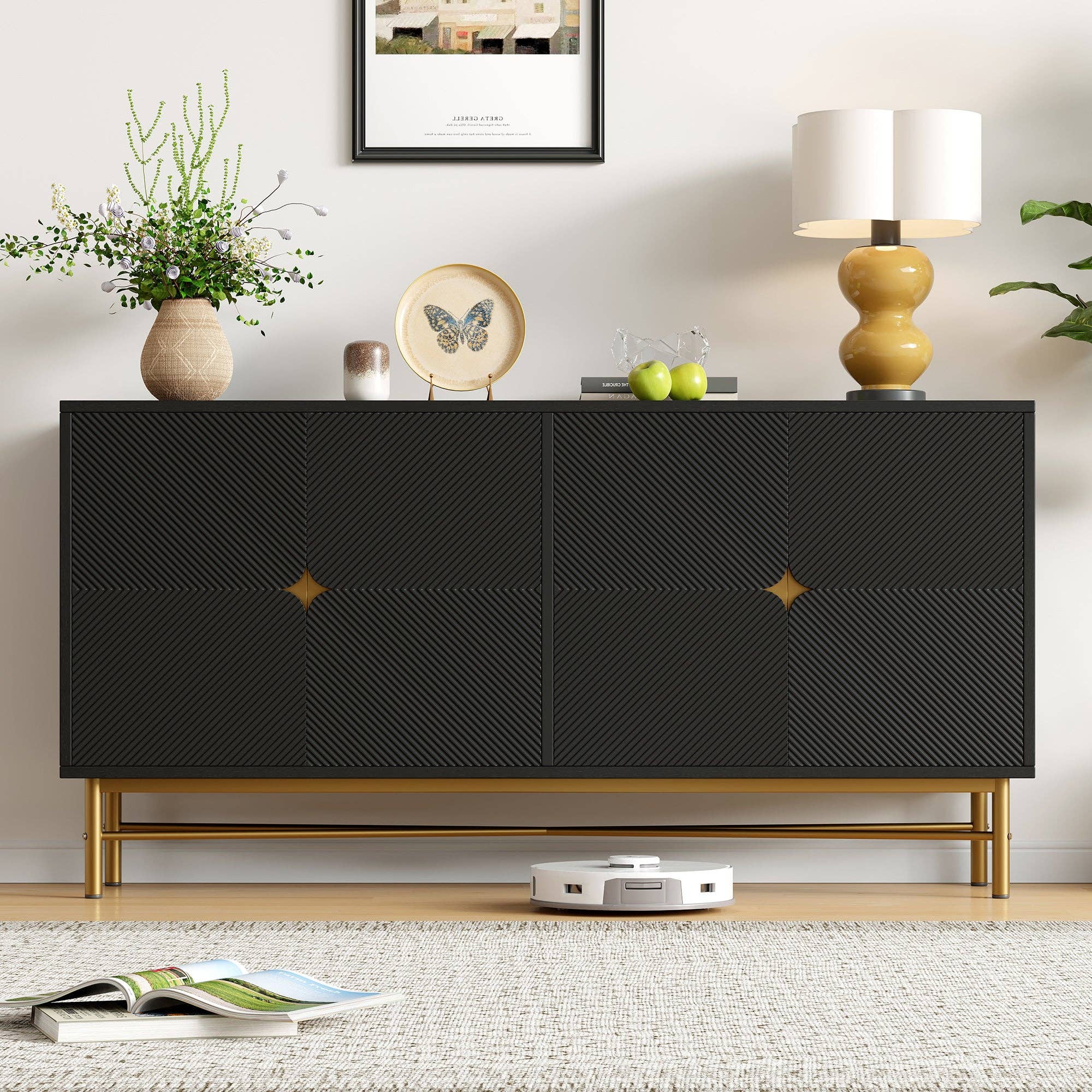 Urban Meuble - Wholesale Cabinet - Black sideboard with wood-effect embossed texture, 4 doors, luxury style with golden accent POLLENBASK5