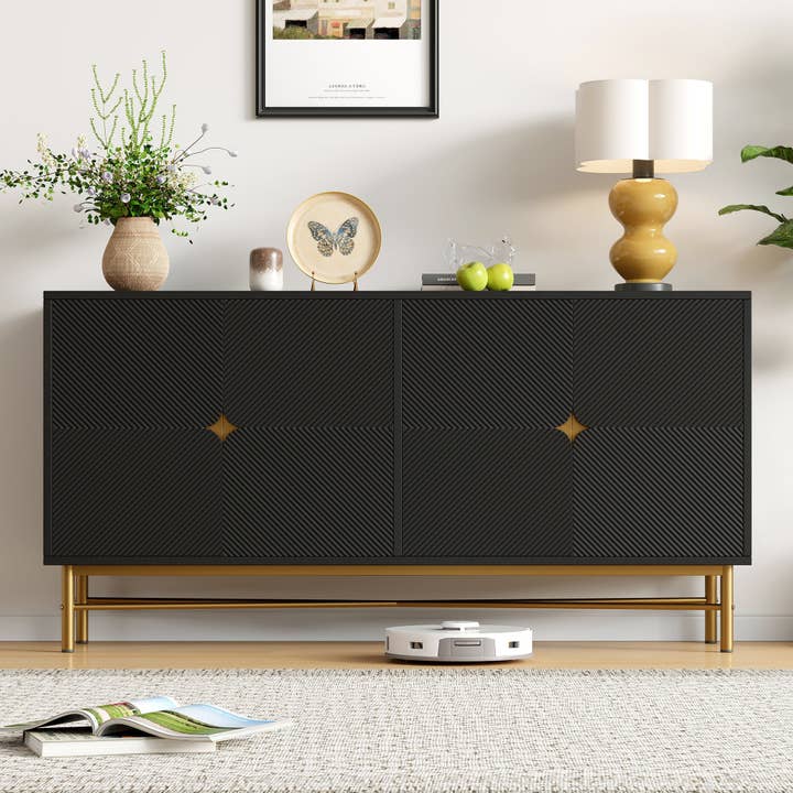 Urban Meuble - Wholesale Cabinet - Black sideboard with wood-effect embossed texture, 4 doors, luxury style with golden accent POLLENBASK5