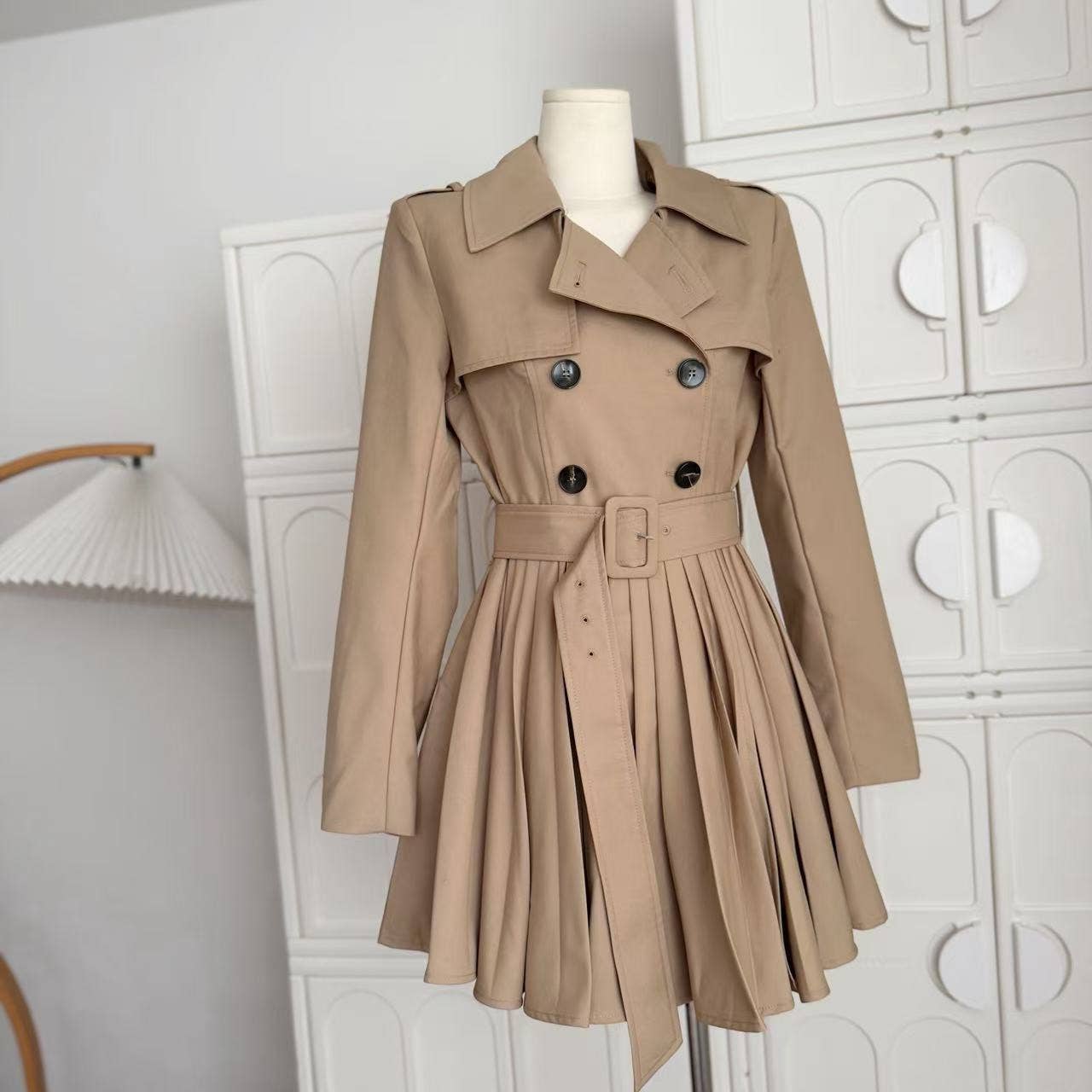 Khaki DR898Y Autumn Pleated Dress with Waist Tie for Women for wholesale on Faire0