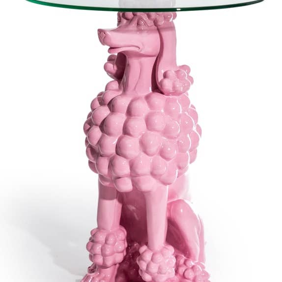 McGowan & Rutherford Ltd - Wholesale Bijzettafel - Zittende roze poedelbijzettafel met glazen blad