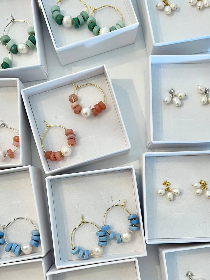 Pippa (gold plated sterling silver freshwater pearl hoop & recycled glass) Earrings for wholesale by Greenwood Designs