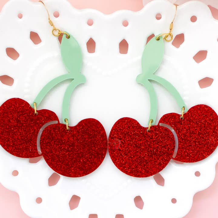 Cherry Glitter Acrylic Handmade Fruit Earrings for wholesale by Momenti di Vita