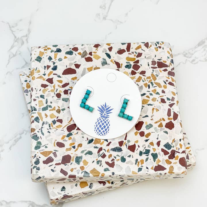 Prep Obsessed Wholesale - Wholesale Stud/Post Earrings - Semi-Precious Turquoise Initial Post Earrings7