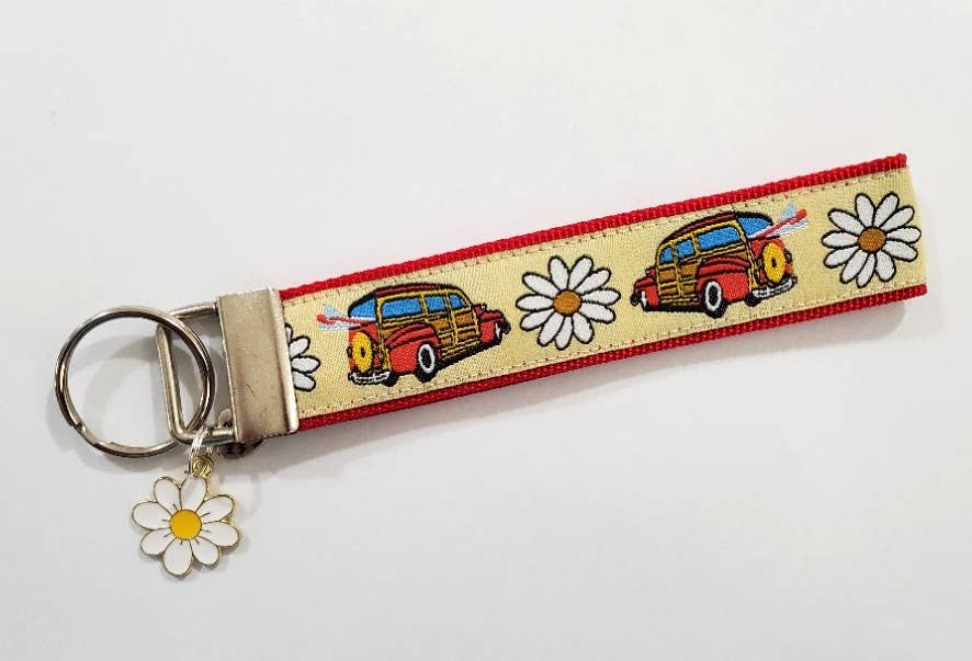 Ribbonworks Design Studio - Wholesale Keychain - Unisex - Woodie Daisies & Surfboards w/Charms Jacquard Ribbon Key Fob3