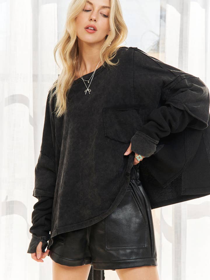 AX3201 - LONG SLEEVE BOXY MINERAL WASHED TOP for wholesale by ADORA LA