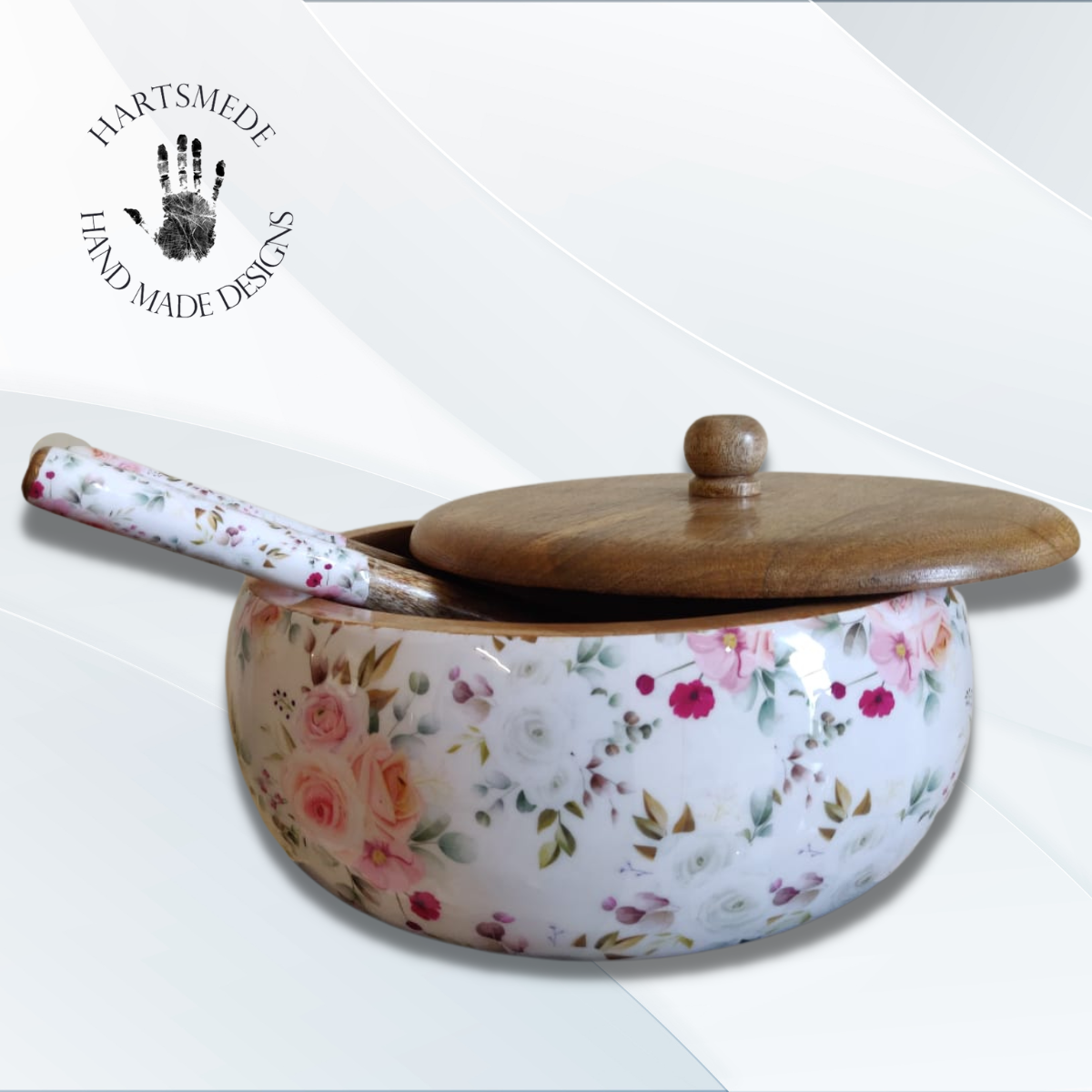 Hartsmede – Engroshandel Serveringsskål – Stor træ serveringsskål sæt med låg & skeer salatskål2