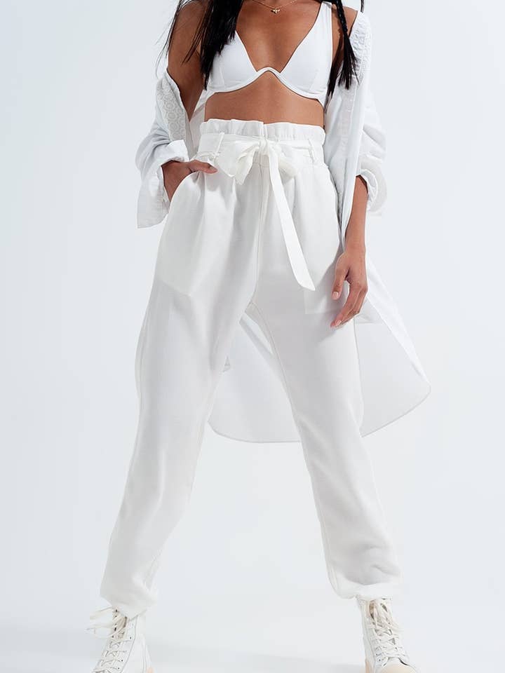 Lightweight Pants with tie waist in white for wholesale by Q2—All Orders:Free Duties for the US,UK,and Canada