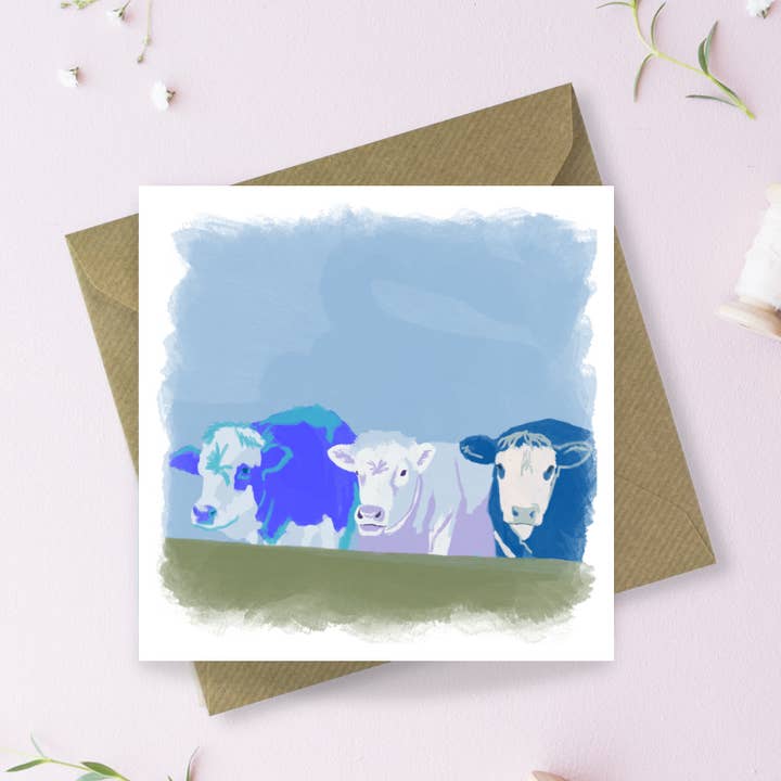 BETSY, BLOSSOM & CLOVER (Cows) Greetings Card for wholesale by Sayers Studio