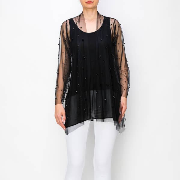 PEARL DETAILED MESH CARDIGAN OLS-4726 BLACK for wholesale by Origami Apparel ~ Lace and Crochet inspired