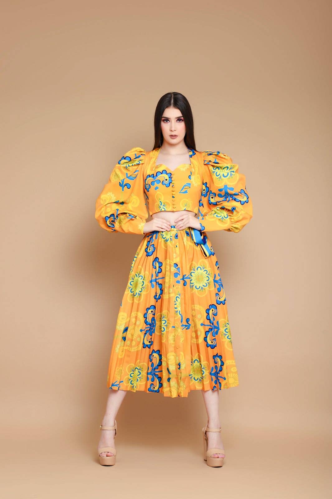 Wholesale [SET] Puff Sleeve Button Front Top & Pleated Midi
