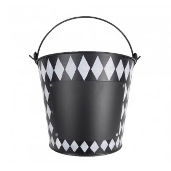 Tin Pail with Checkered Pattern, Handle and Chalkboard, Black-White- 7.5" Tall for wholesale by Birch Maison