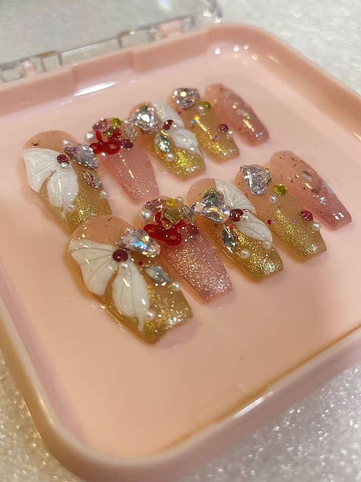 Azurenailshop handmade press on, Gold flower reusable summer for wholesale by Azurenailshop