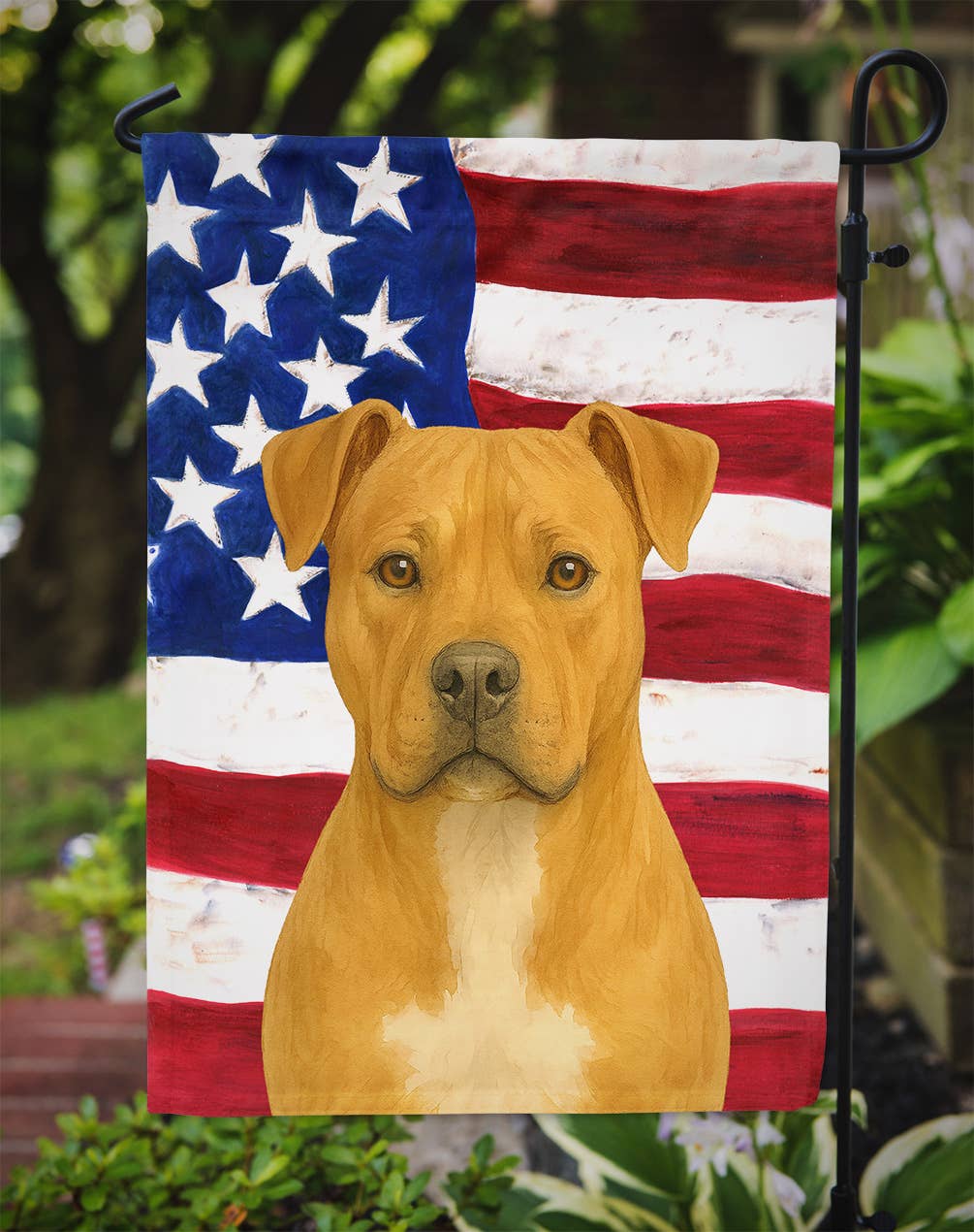 Caroline's Treasures – Großhandel Flagge – Rehkitz American Staffordshire Terrier Amerikanische Flagge Garten Fl1