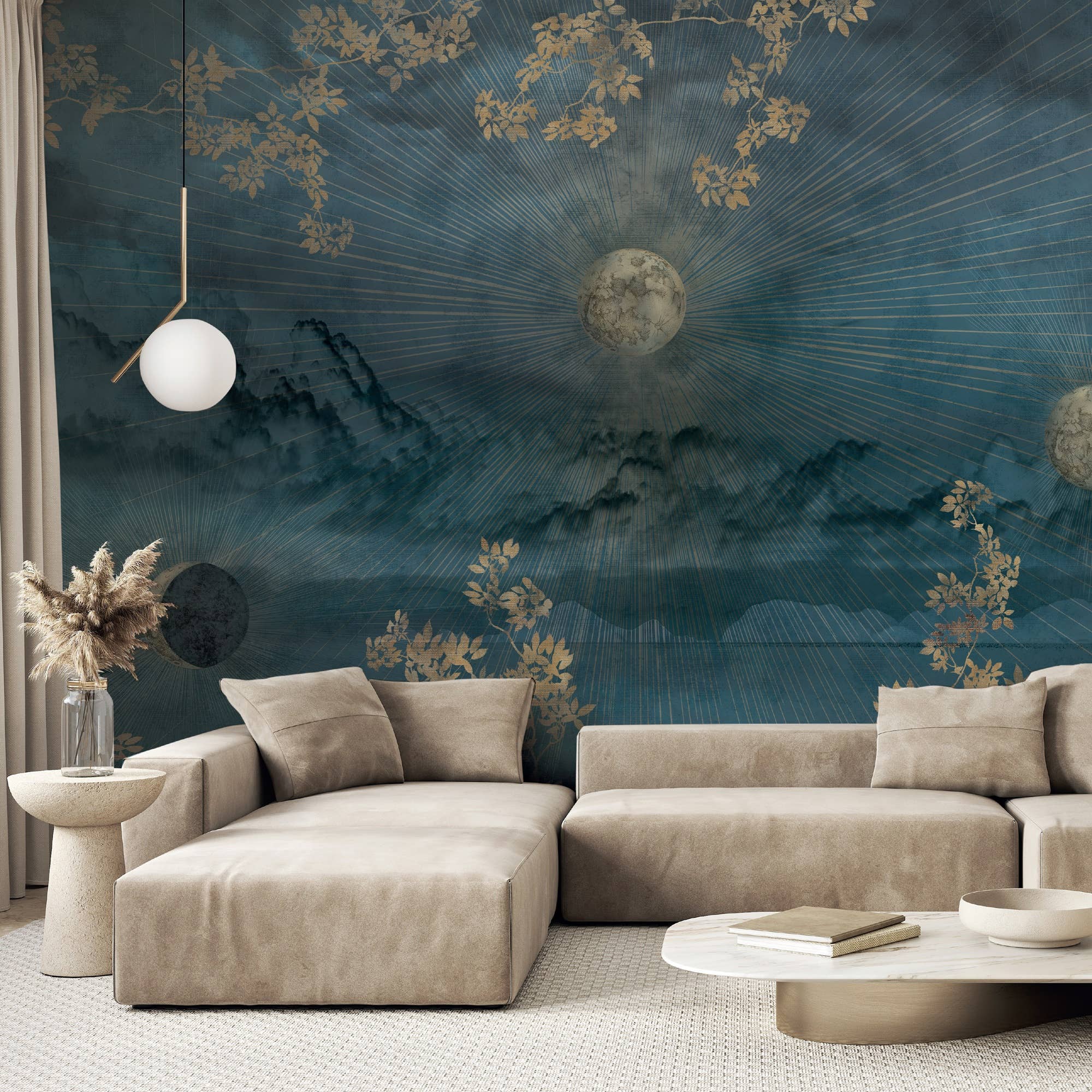 GK Home Decor – wholesale Wallpaper – Celestial Night Sky Wallpaper Mural Golden Foliage Moon1