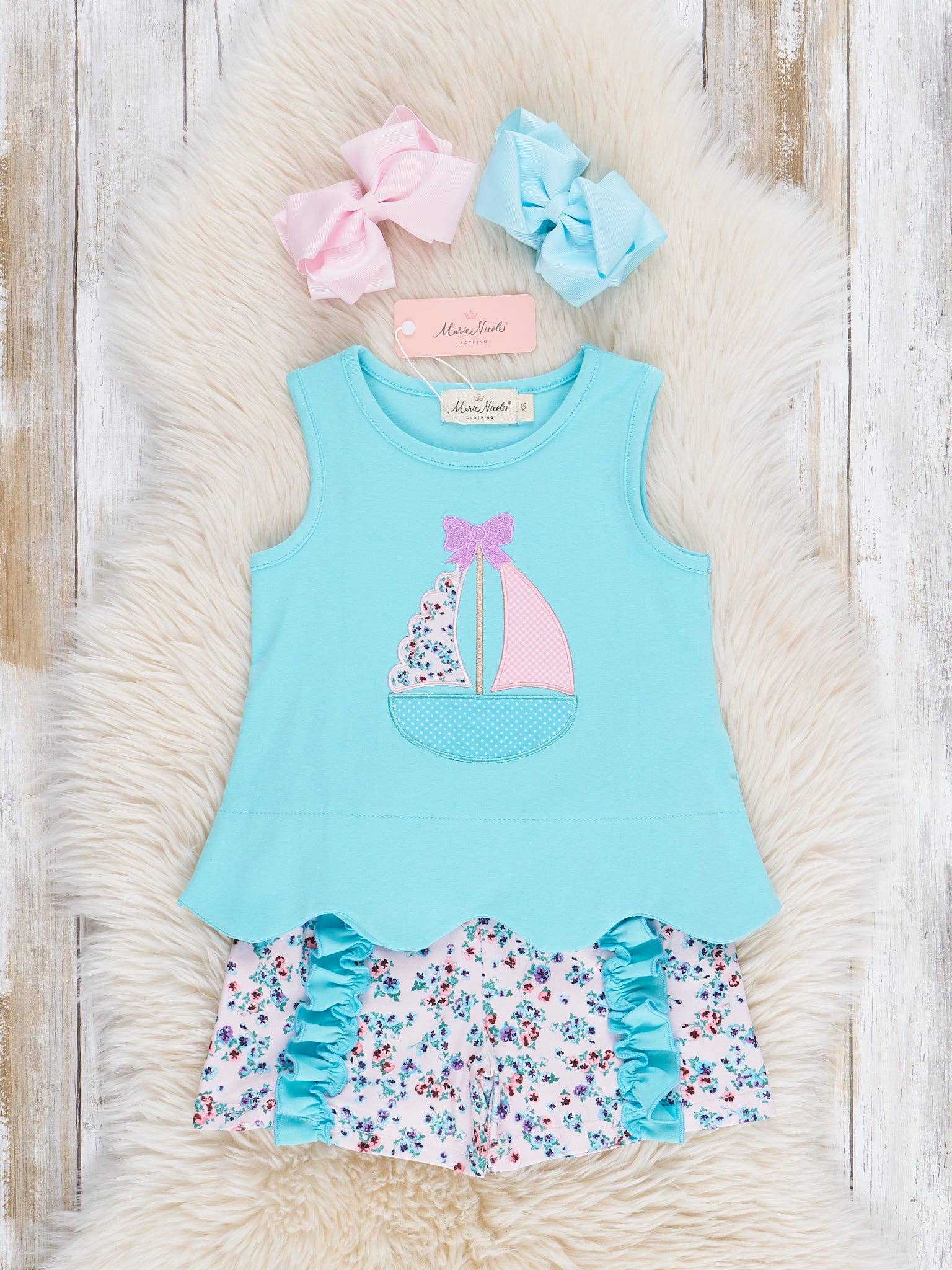 Marie Nicole Clothing - Wholesale Top & Short Set - Kids - Embroidered Sail Boats Floral Ruffle Outfit0