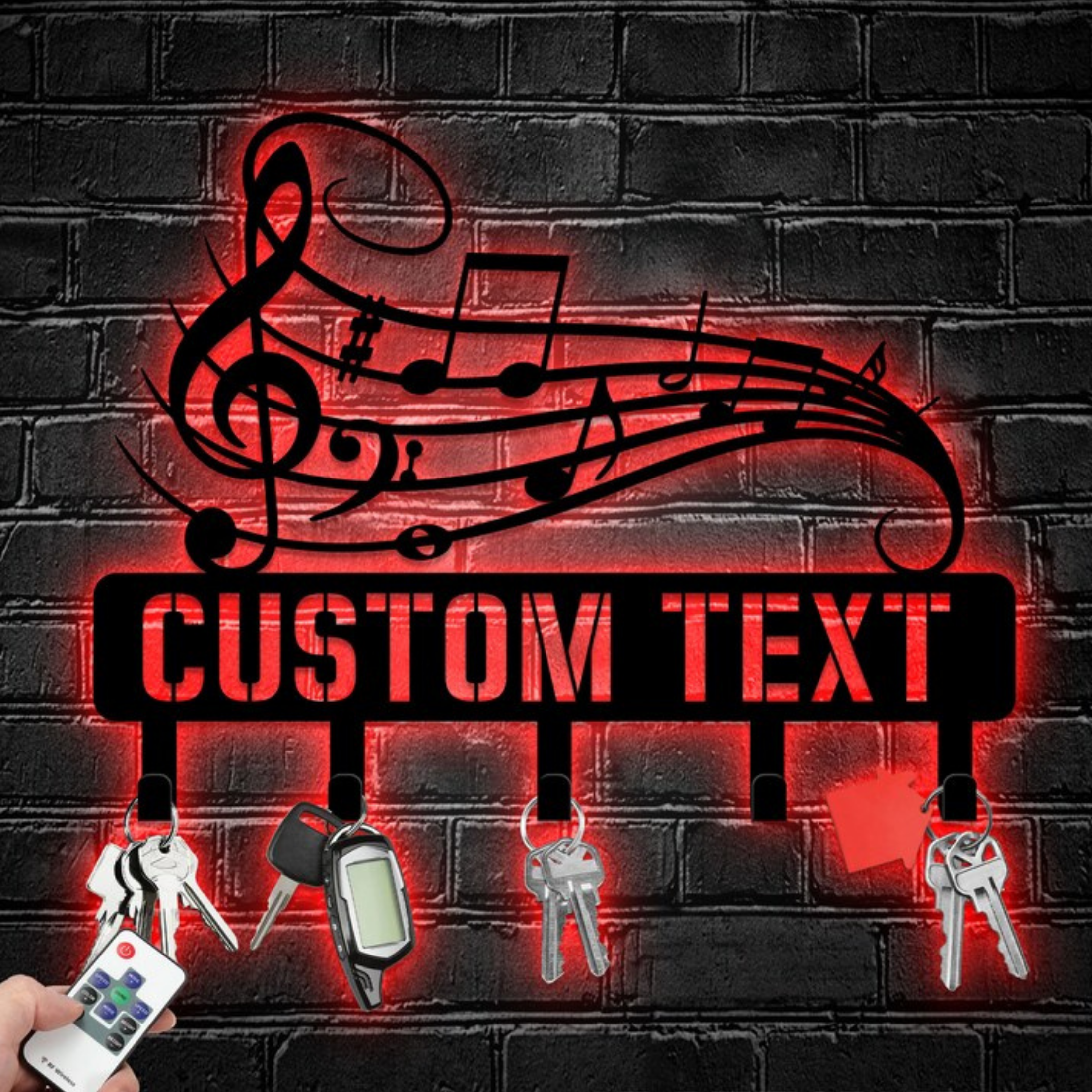 Glow Neon - Vendita all'ingrosso Decorazione da parete 3D - Portachiavi personalizzato per note musicali, 5 ganci, Studio Deco3