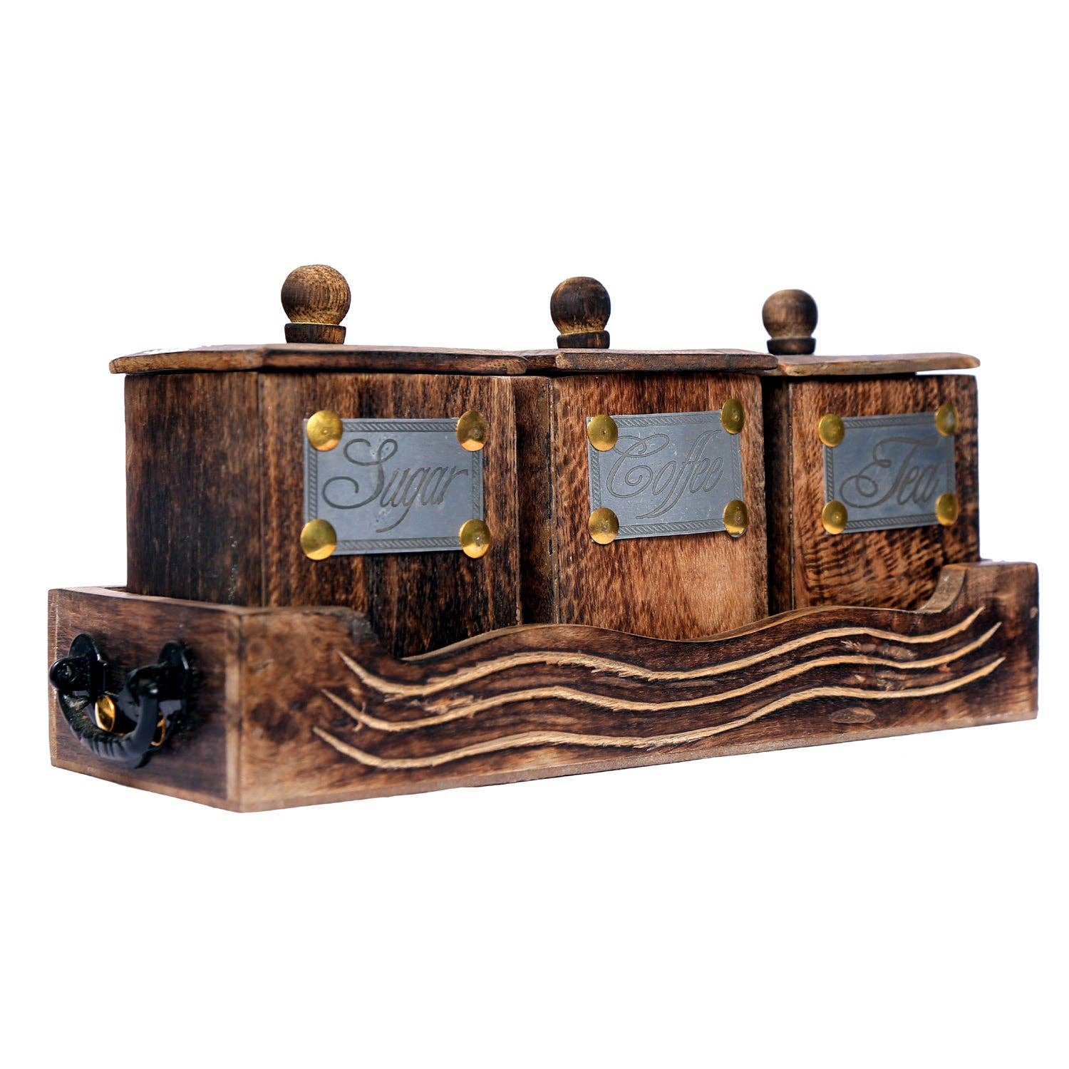 AK INTERNATIONAL - Wholesale Canister set - Wooden Antique Look Tea Coffee Sugar 3 Container Set With Lids in Wooden Tray1