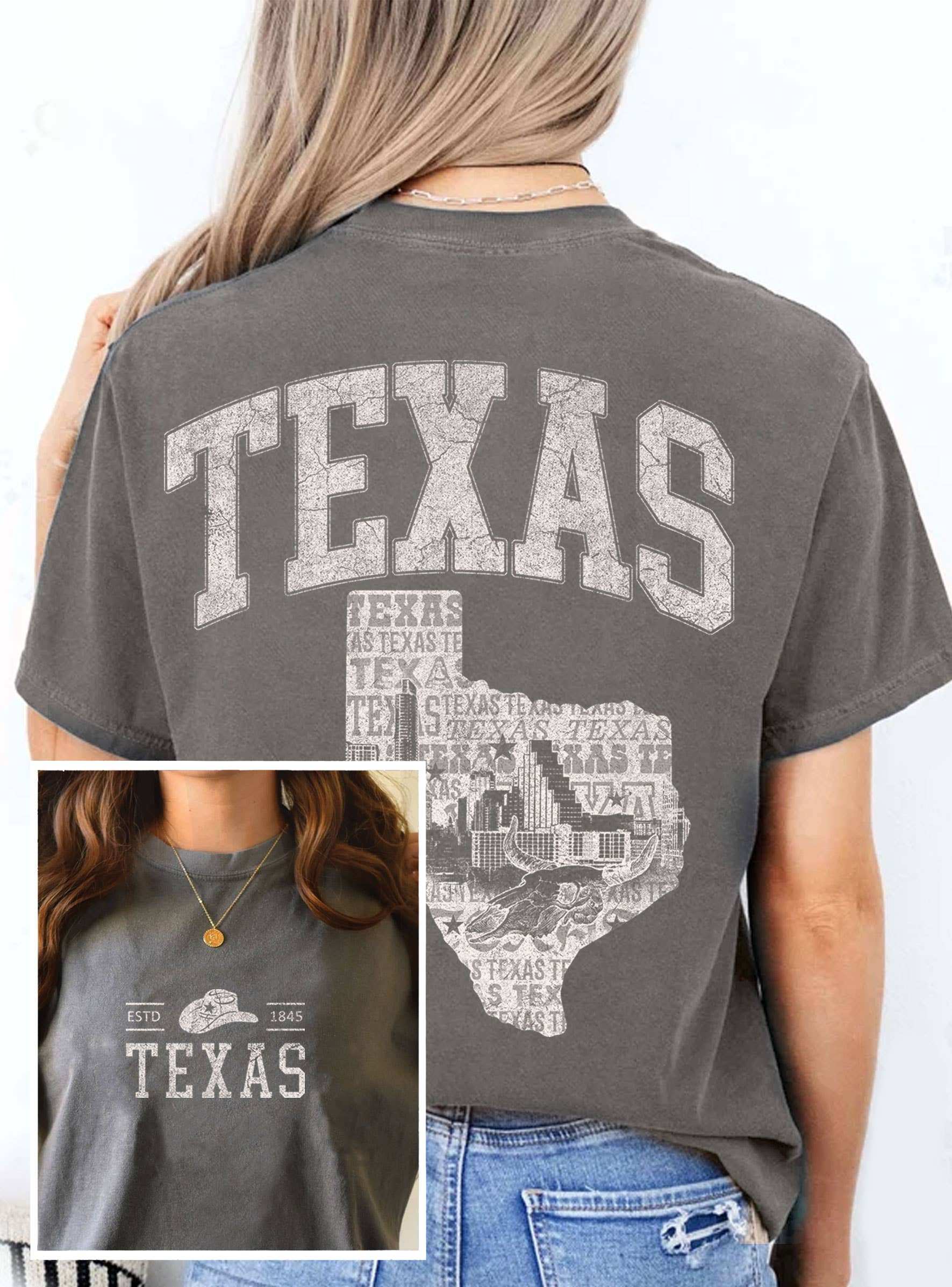 Rustee Clothing – Großhandel T-Shirt mit Siebdruck – Unisex – TEXAS STATE GRAFIK-T-SHIRTS VORNE UND HINTEN4