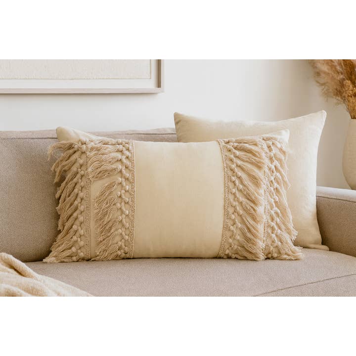 Khaki Fringed Cotton Lumbar 12"x20" Decorative Throw Pillow for wholesale by Fennco Styles
