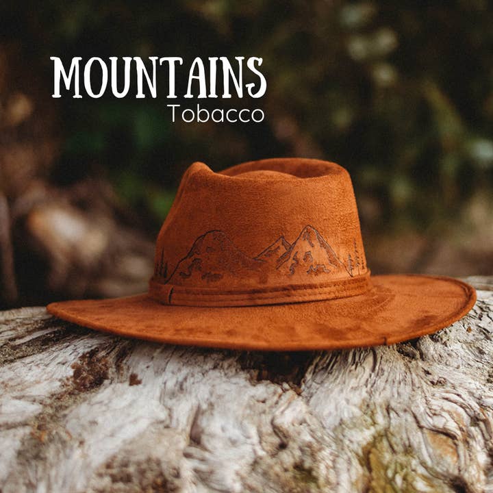 Pacific Wren Art & Design - Wholesale Fedora - Women's - Wood-Burned Wide Brim Rancher Hat - Mountain Collection