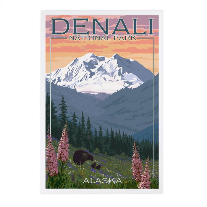 Lantern Press - Wholesale Postcard - PREMIUM POSTCARDS Denali National Park, Alaska Bear &Flowers