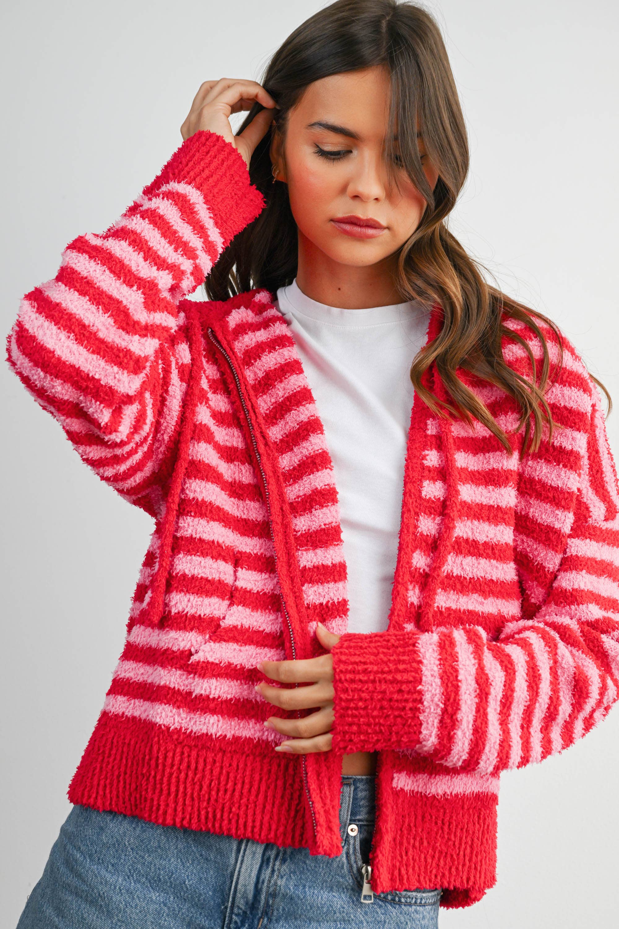 BUTTERMELON - Wholesale Knit Sweater - Women's - Striped Zip-Up Hooded Cardigan - BMC809727