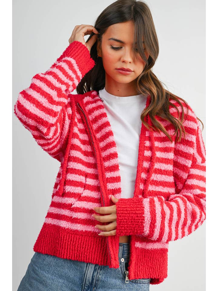 BUTTERMELON - Wholesale Knit Sweater - Women's - Striped Zip-Up Hooded Cardigan - BMC809727