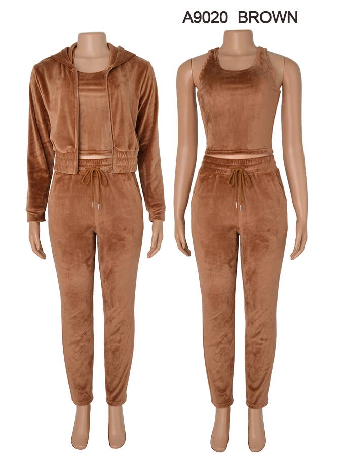 SSImport - Wholesale Lounge Set - Women's - A9020 3PCS/SET VELVET HOODIE JACKET TOP PANTS MIXSIZE 12SET