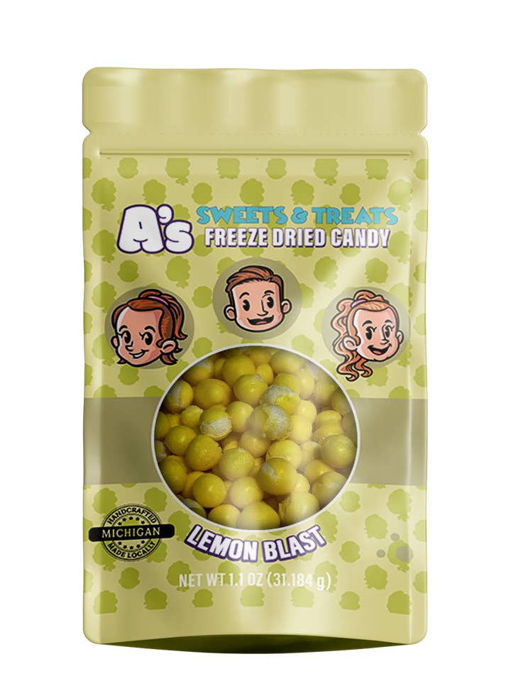 Lemon Blast 1,1 oz Snackgröße für den Großhandel von A’s Sweets & Treats Freeze Dried Candy