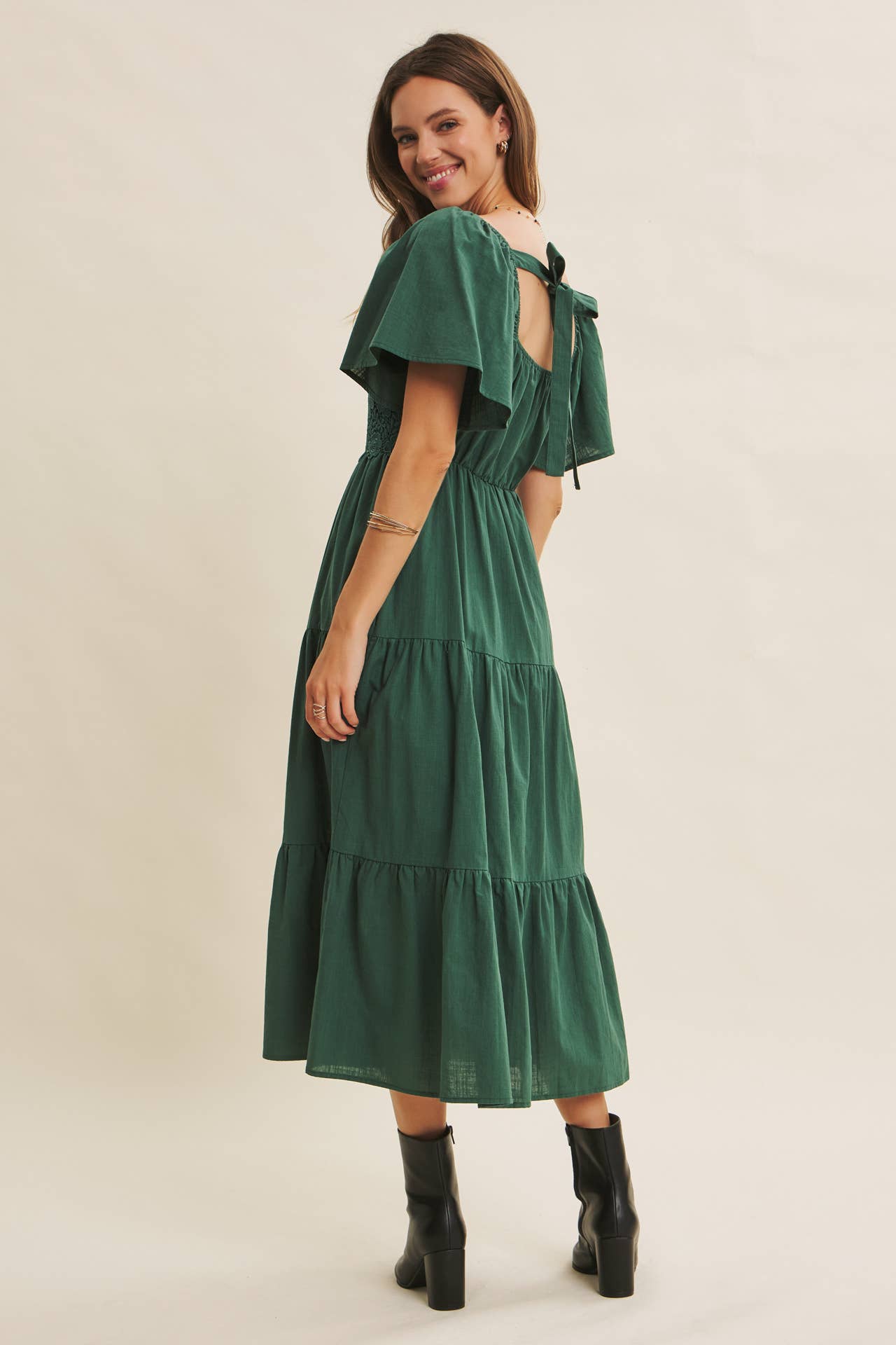 in february - Wholesale Dress - Women's - ESSENCE OF FALL TIERED CROCHET MIDI DRESS WITH FLUTTER SLVS25