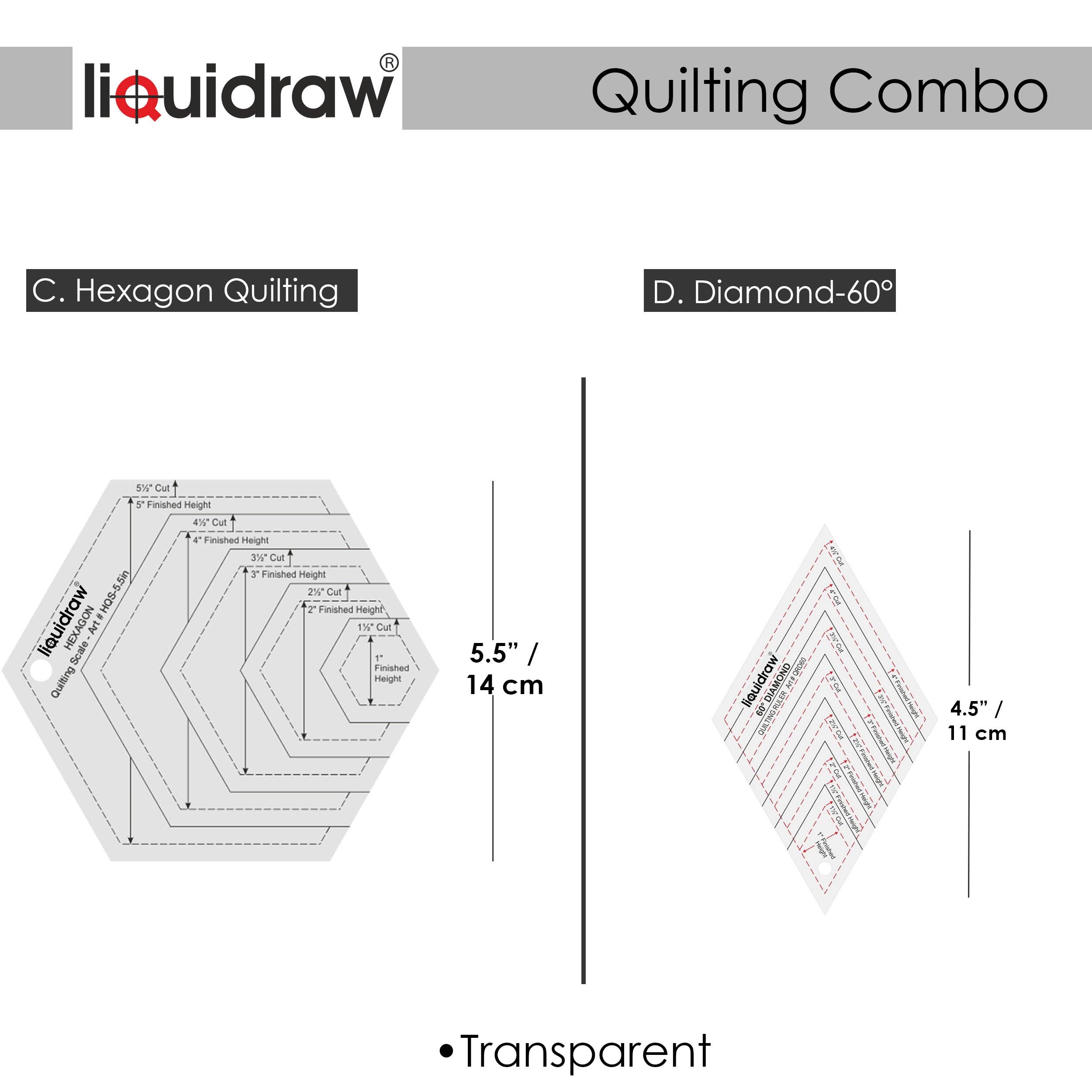 Liquidraw – wholesale Craft tool – Liquidraw Quilting Templates & Rulers for Patchwork Acrylic Stencils Quilting Sewing Ruler Set of 4 Hexagon, Triangle, Petal & Diamond Shapes2