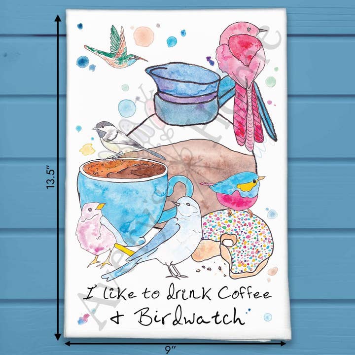 I like to Drink Coffee & Birdwatch Kitchen Décor Tea Towel for wholesale by Avery's Home