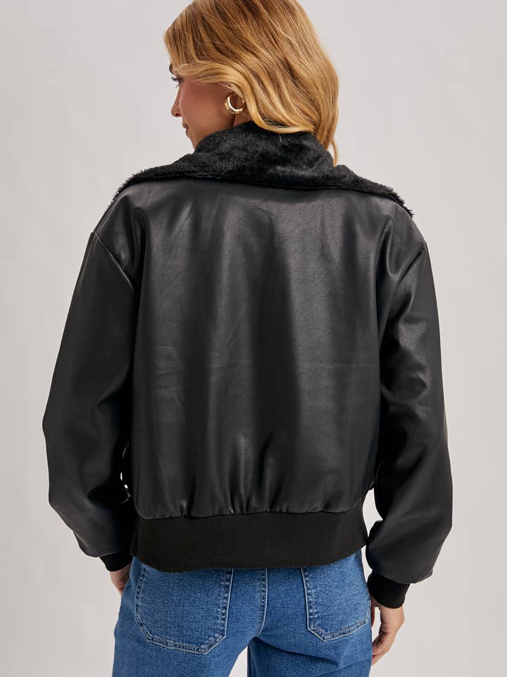 Bluivy - Wholesale Bomber Jacket - Women's - AVIATOR FAUX LEATHER AND FUR TRIMMED BOMBER JACKET5