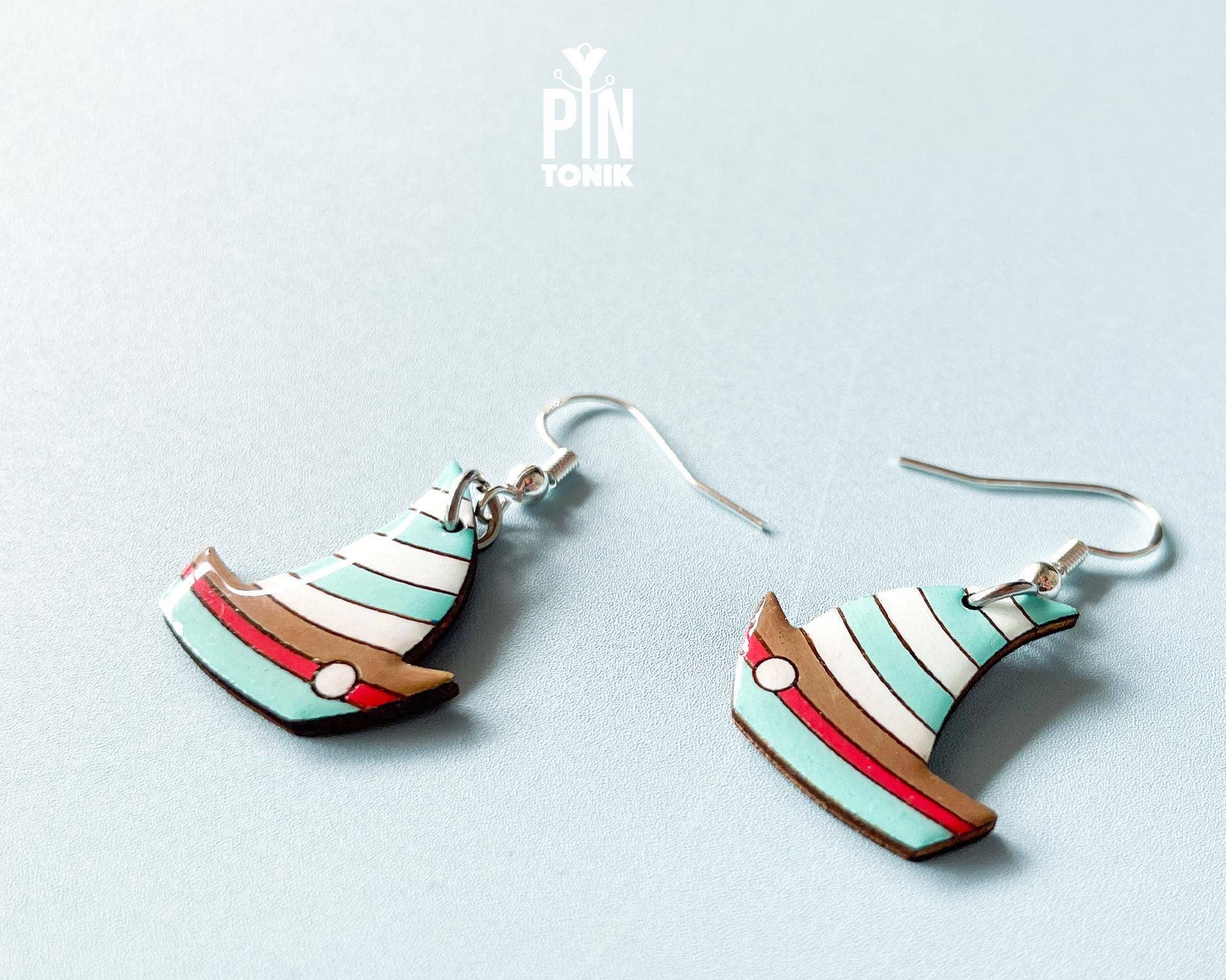 PinTonik - Wholesale Dangle Earrings - Wooden Boat Earrings with Sterling Silver Hooks1