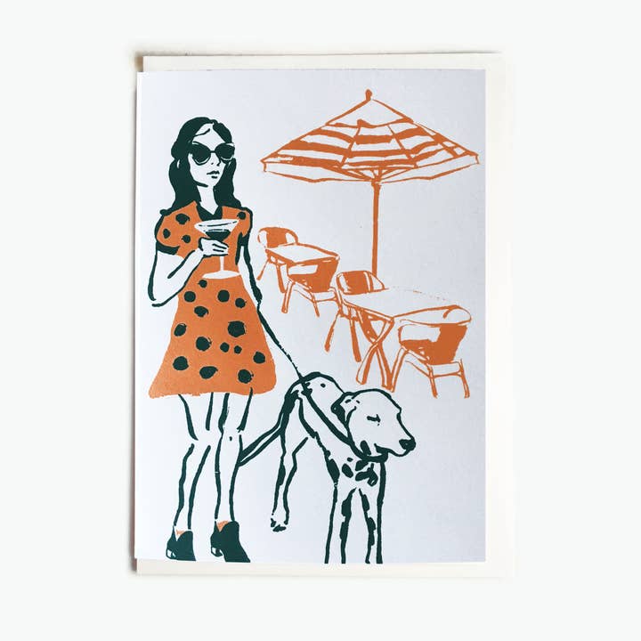 Lady Walking Dog Zeefdruk Wenskaart voor wholesale door Kathie Studio