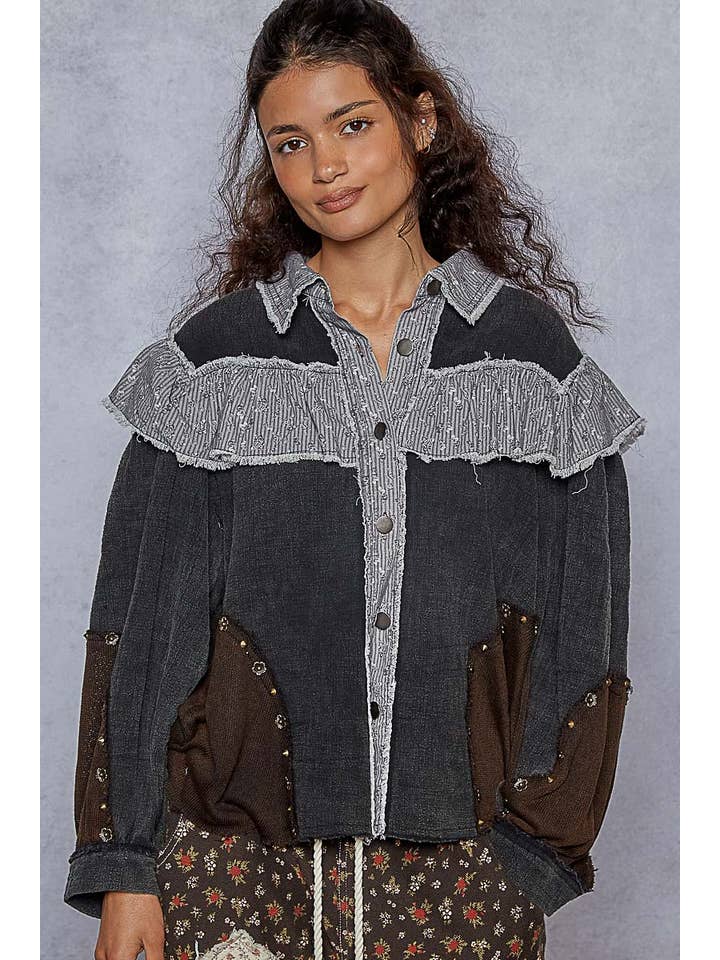 Pol Clothing - Wholesale Button Down Shirt - Women's - Balloon sleeve double gauze printed floral stud shirt SALE27