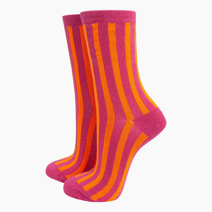 Women's Glitter Socks - Hot Pink/Orange, Stripes for wholesale by Sock Talk